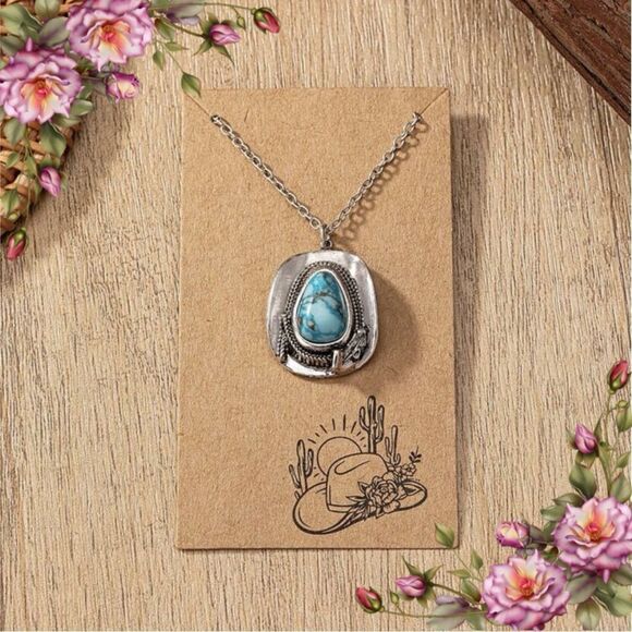 1 Pc Western Turquoise Stone Decor Cowboy Hat Pendant Necklace - Picture 12 of 12